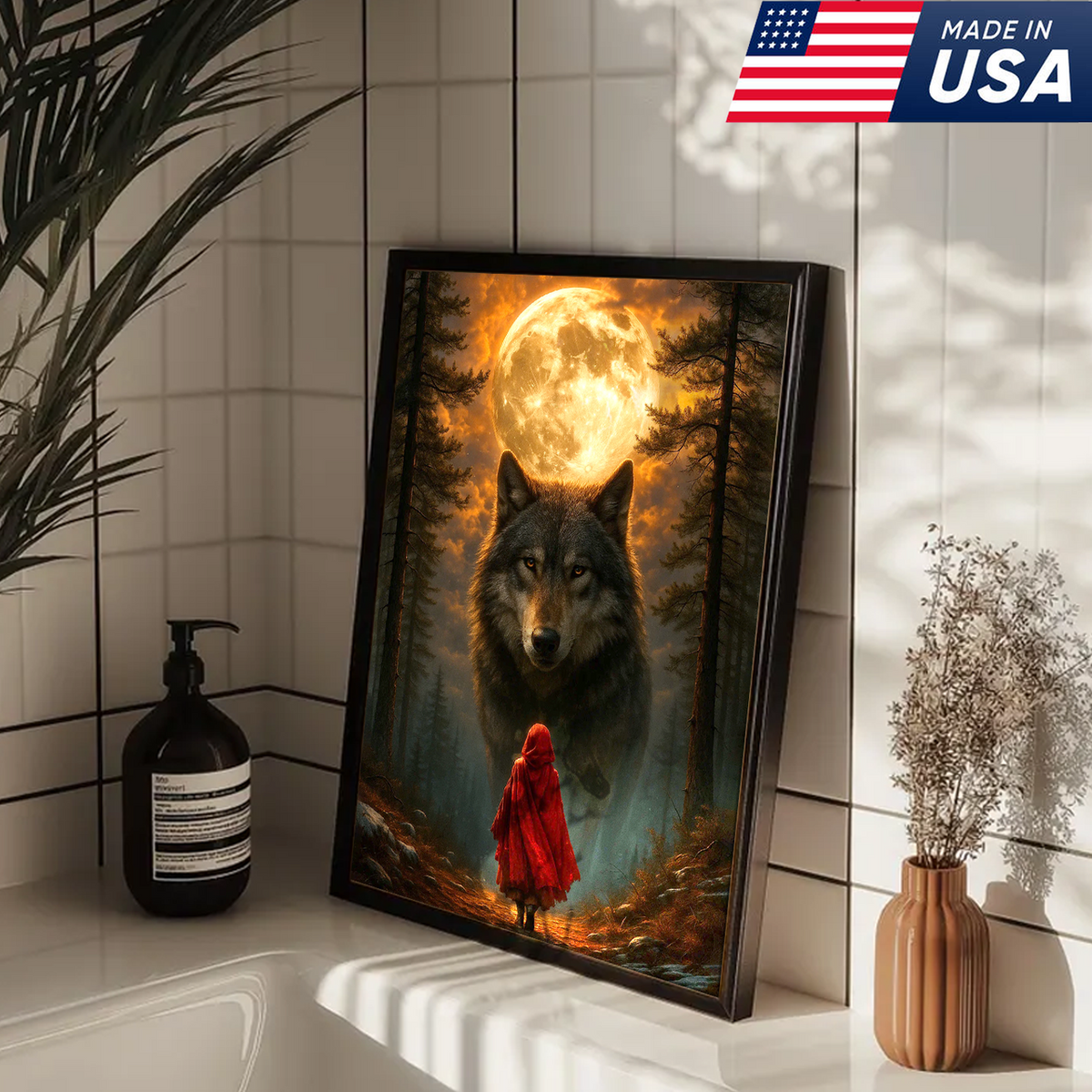 Wolf and Little Red Riding Hood Canvas Wall Art – Fantasy Moonlit Forest Scene