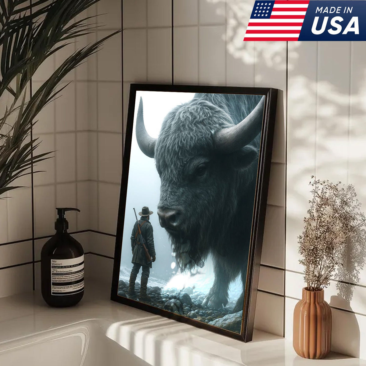 Giant Bison and Cowboy Wall Art Canvas, Western Hunter Standing by Buffalo Print
