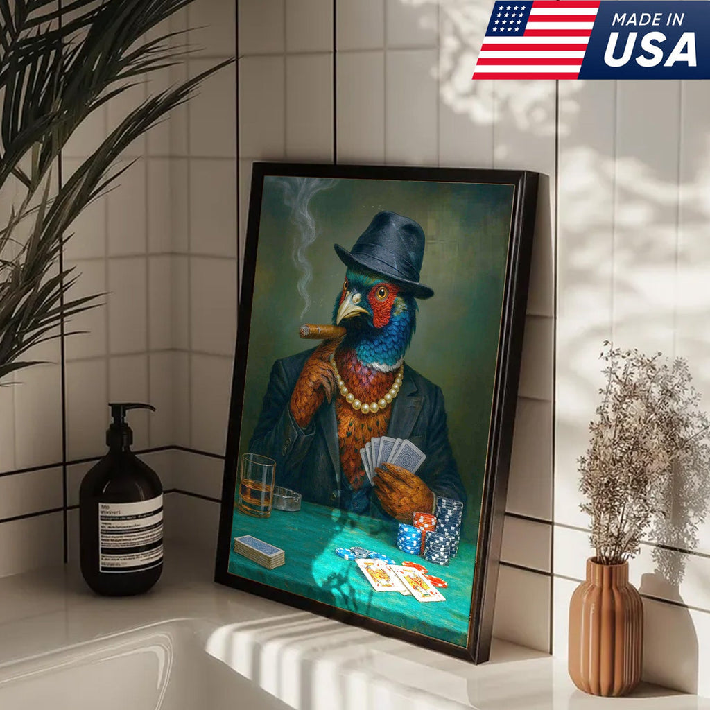 Funny Pheasant Poker Player Canvas Wall Art, Colorful Bird in Suit Casino Decor