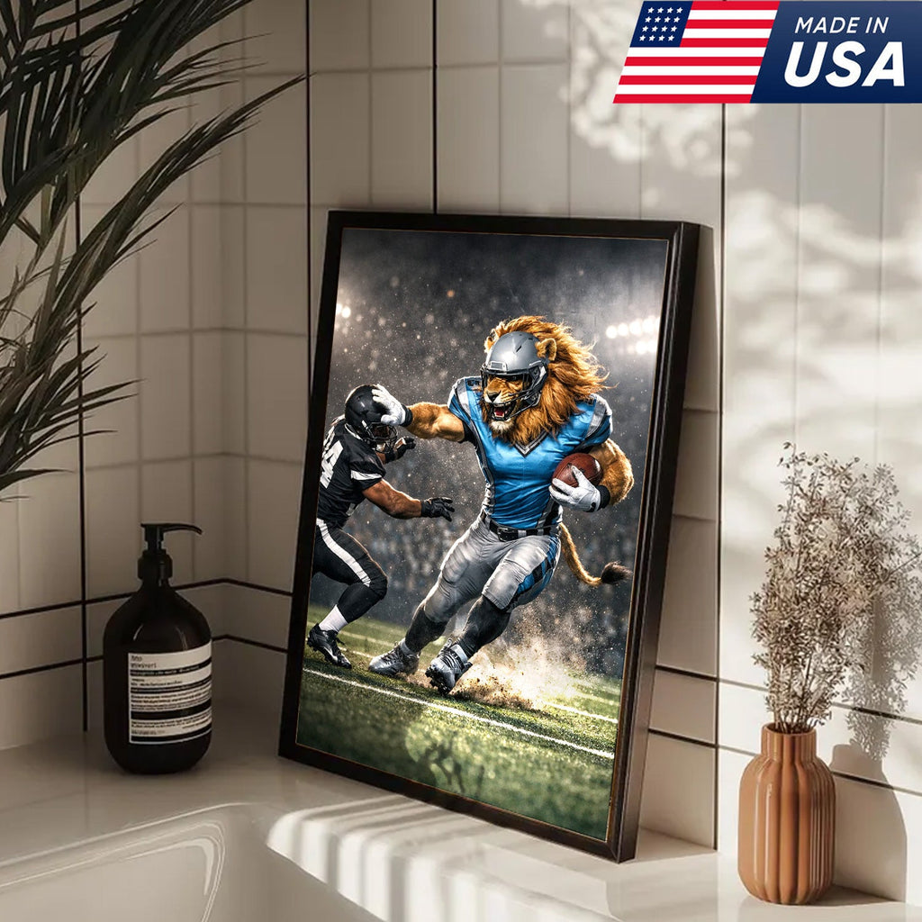Fearless Lion Football Canvas Wall Art – Powerful Big Cat Athlete Stadium Action Print