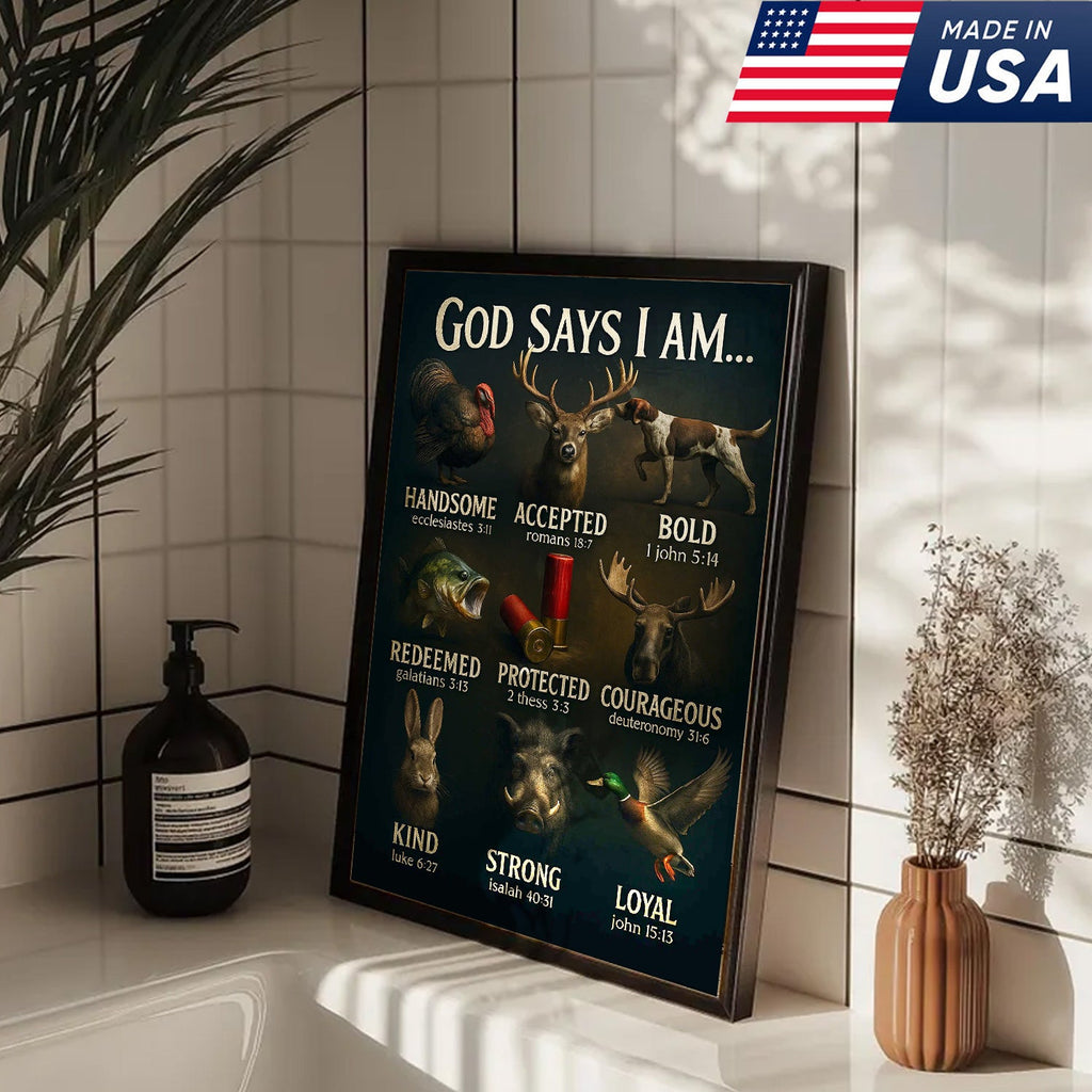 God Says I Am Hunting Canvas, Christian Wildlife Wall Art with Deer, Turkey, Duck, and Moose