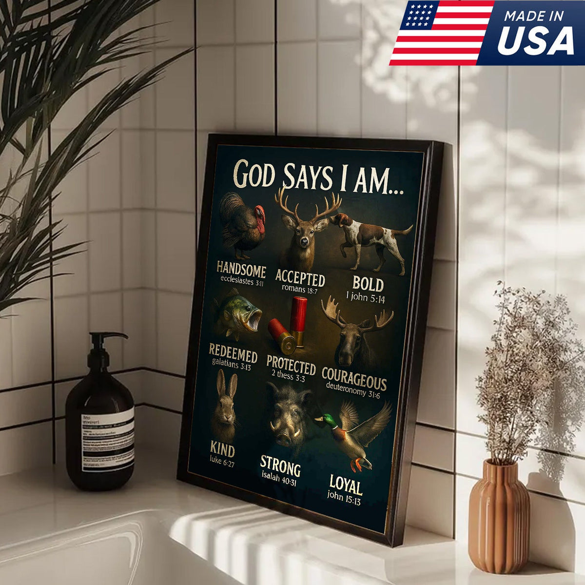 God Says I Am Hunting Canvas, Christian Wildlife Wall Art with Deer, Turkey, Duck, and Moose