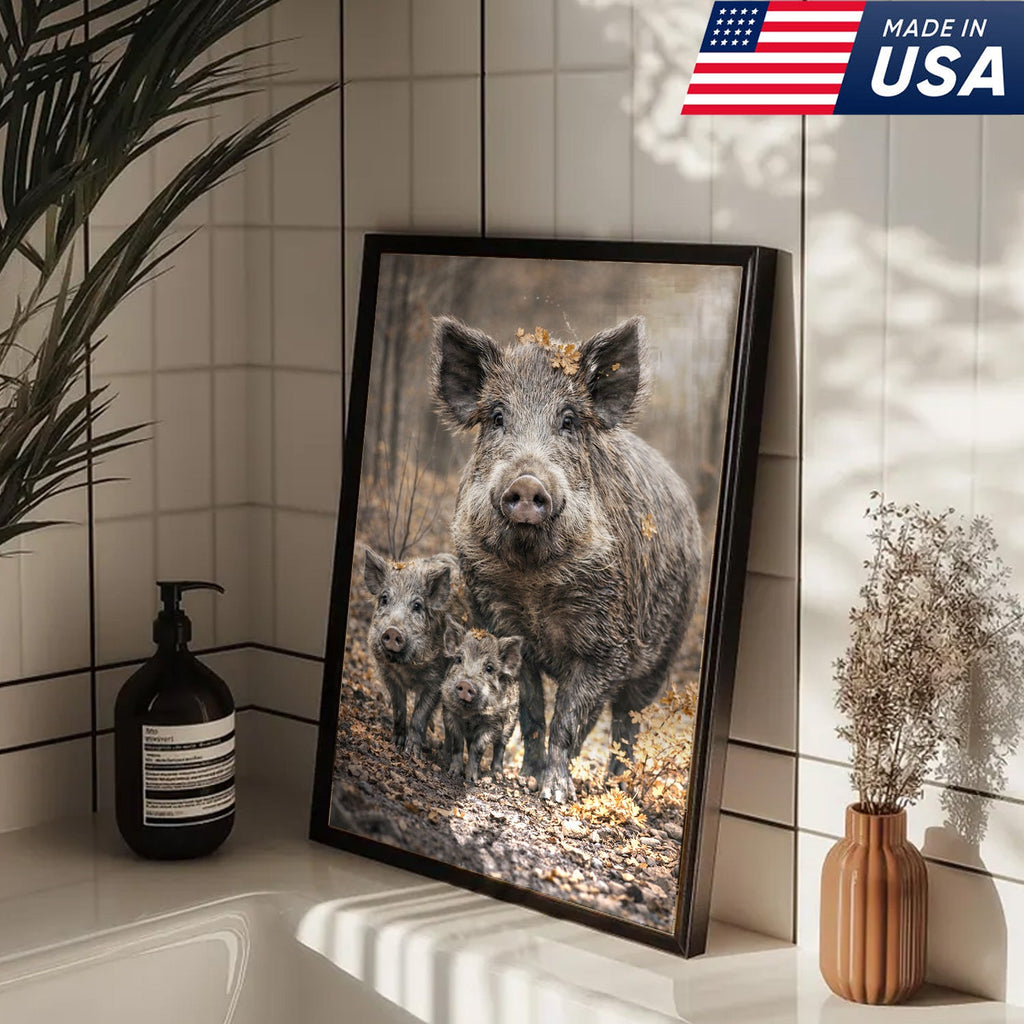 Wild Boar Family Canvas Wall Art – Rustic Forest Wildlife Animal Wall Decor