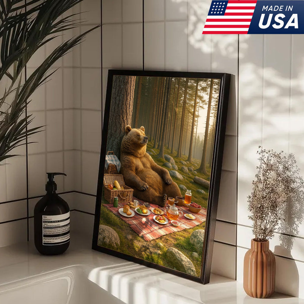 Bear Picnic Forest Wall Art Canvas – Relaxing Woodland Bear Canvas Print for Kitchen Cabin Decor