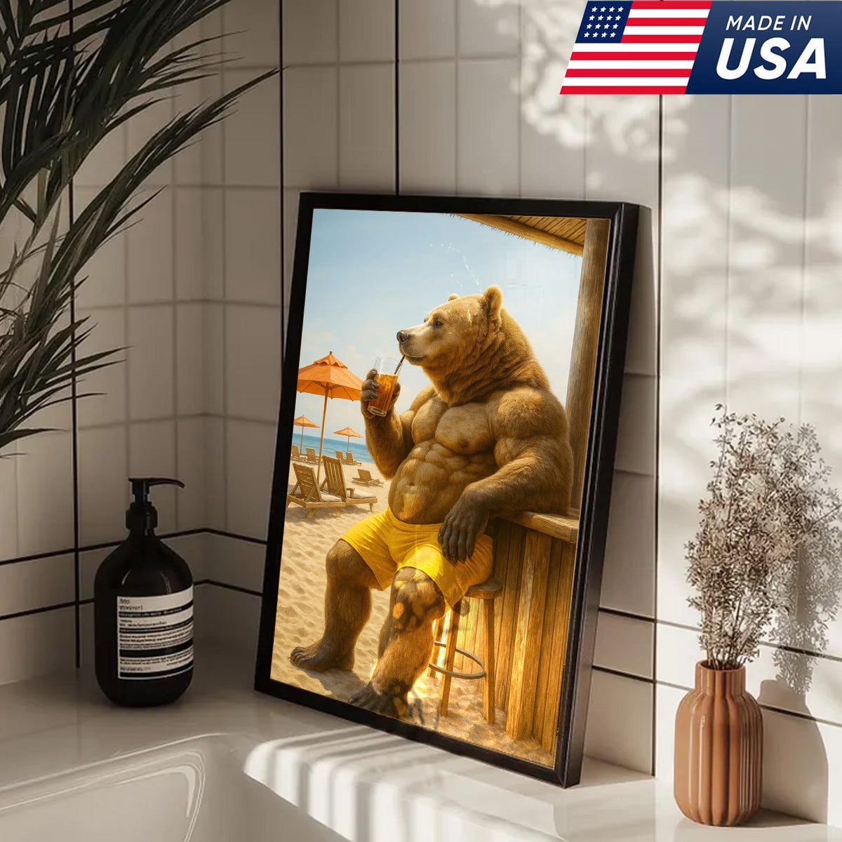 Funny Beach Bear Canvas Wall Art, Summer Vacation Animal Artwork