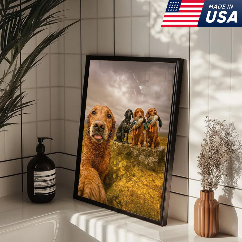 Hunting Dogs Selfie Canvas Art – Funny Retriever Group Photo with Ducks