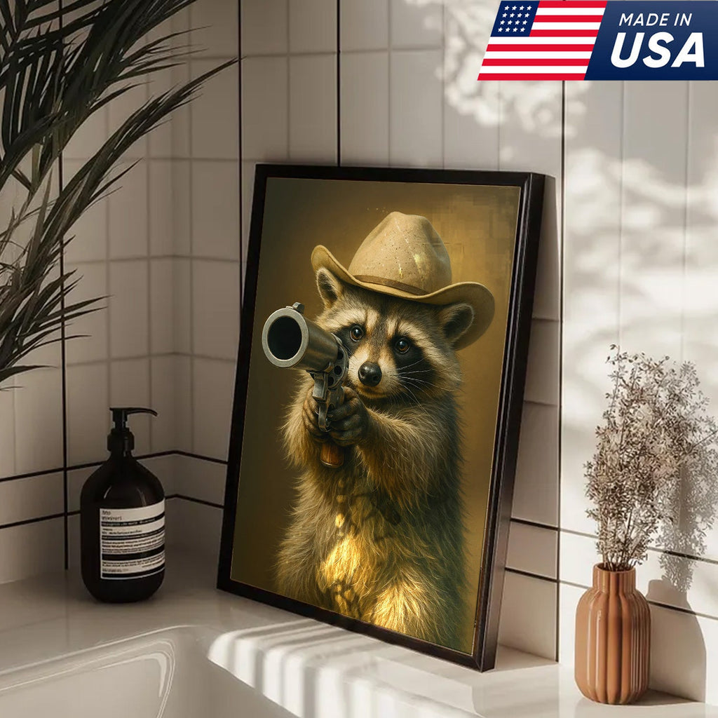 Cowboy Raccoon with Revolver Canvas Wall Art, Funny Western Critter Decor