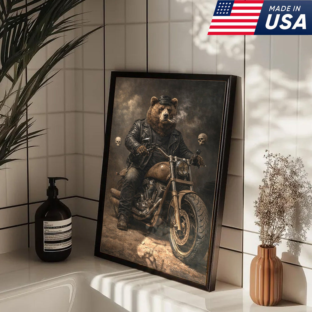 Bear Motorcycle Canvas Print Biker Animal Wall Art Man Cave Decor Gift