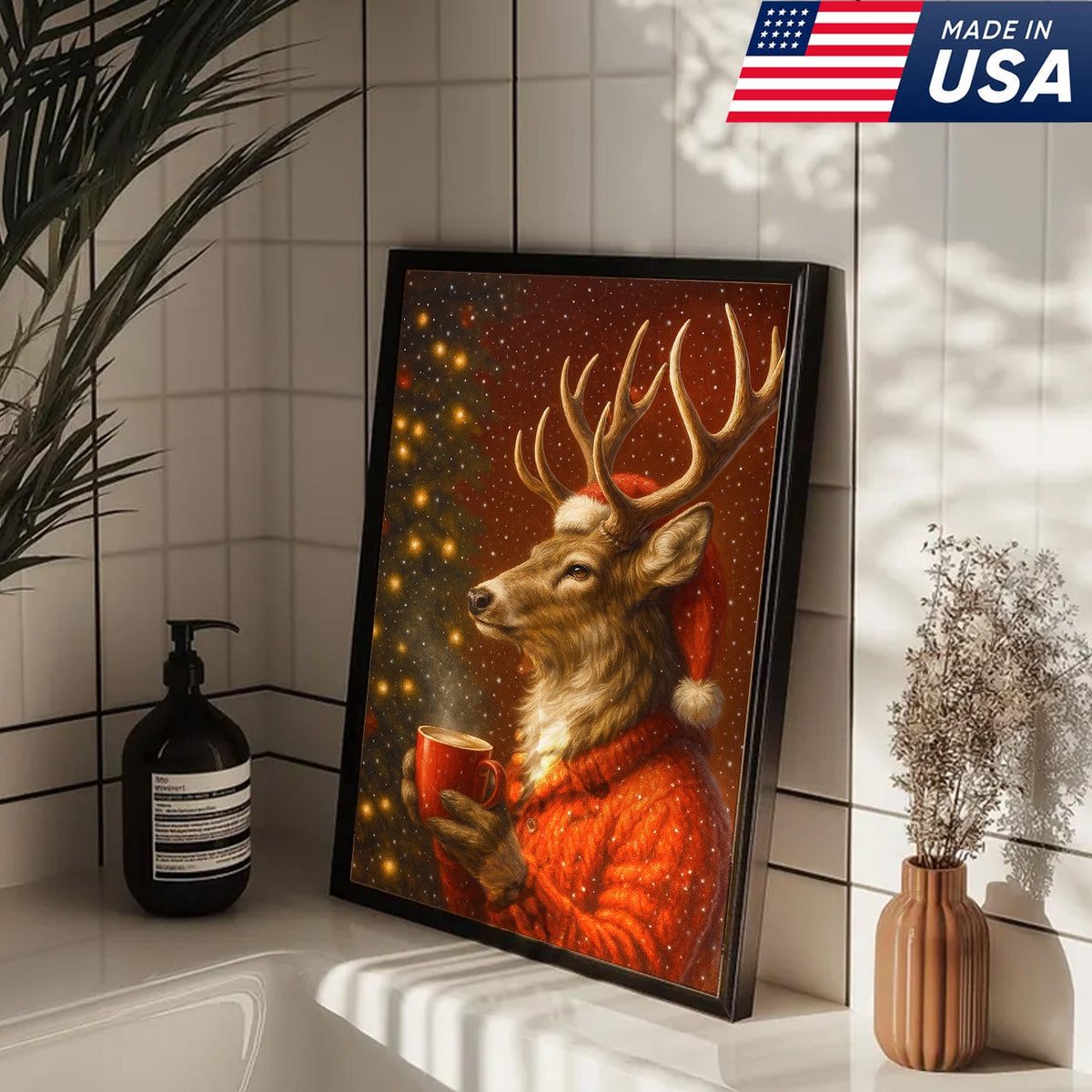 Christmas Deer Drink Coffee In Cozy Sweater Canvas Wall Art - Holiday Cabin Decor
