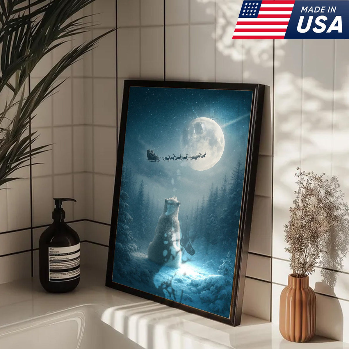 Christmas Polar Bear Santa Sleigh Wall Art Canvas, Winter Night Forest Moon Decor