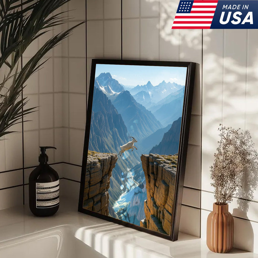 Mountain Goat Cliff Jump Canvas Wall Art, Alpine Canyon Landscape Print