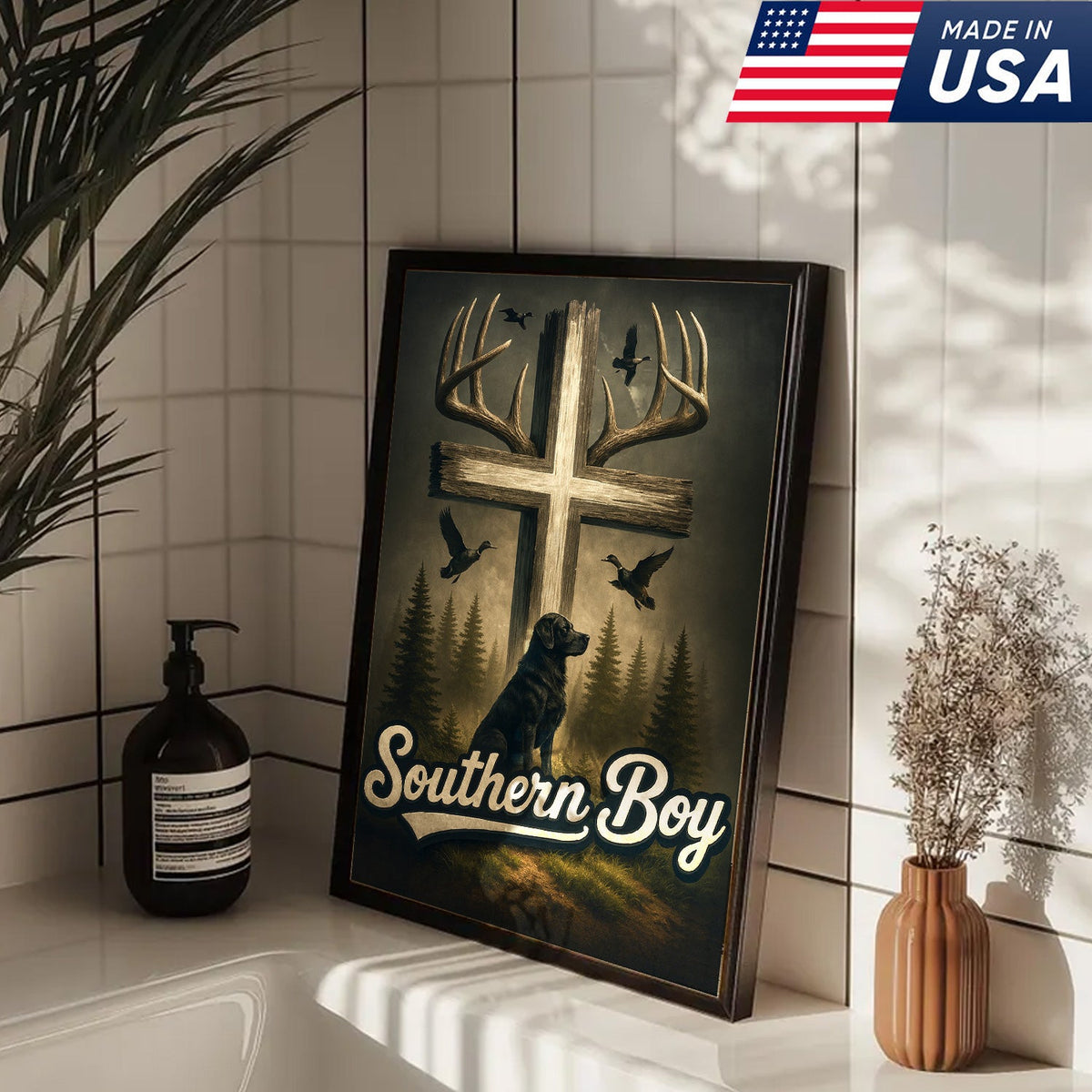 Southern Boy Canvas Wall Art, Deer Antler Cross with Labrador Retriever and Flying Ducks