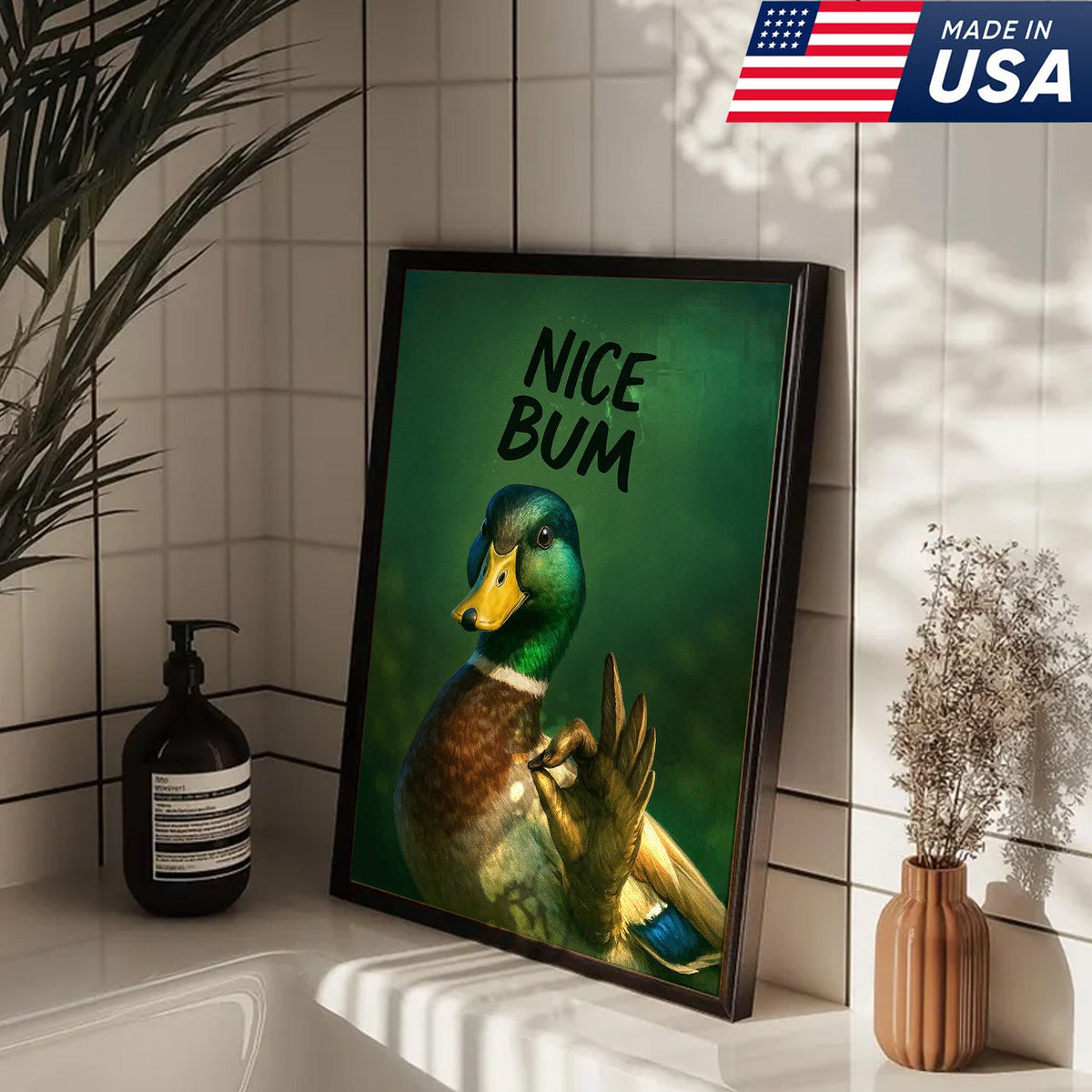 Cheeky Duck Canvas Wall Art – Funny Mallard Humor Print – Playful Rustic Lodge Bathroom Decor