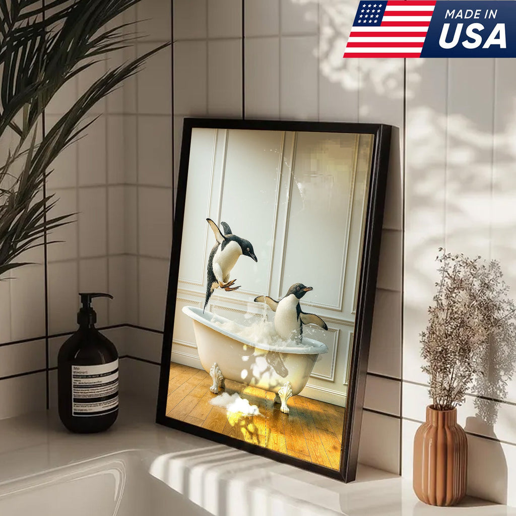 Playful Penguin Bubble Bath Wall Art Canvas, Jumping Penguins in Bathtub Bathroom Decor