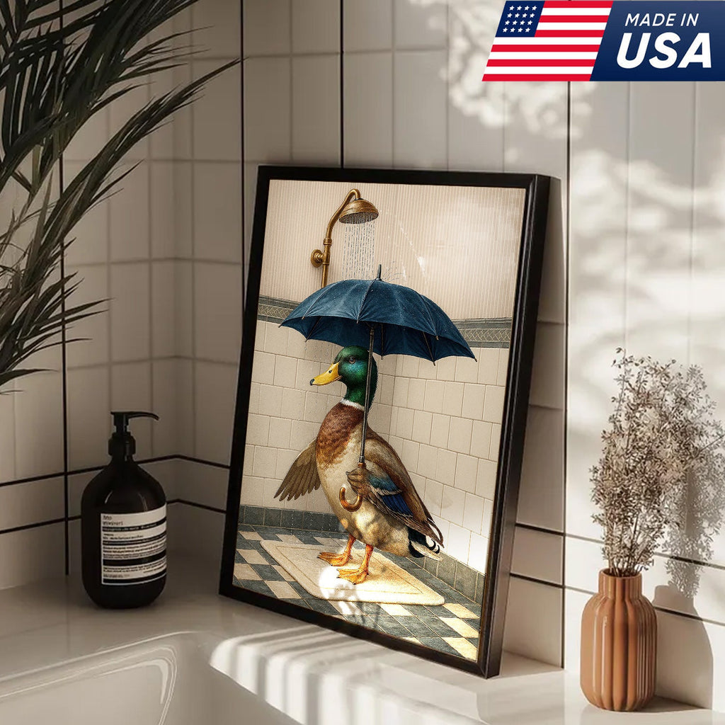 Duck with Umbrella in Shower Canvas Wall Art, Quirky Bathroom Wall Decor