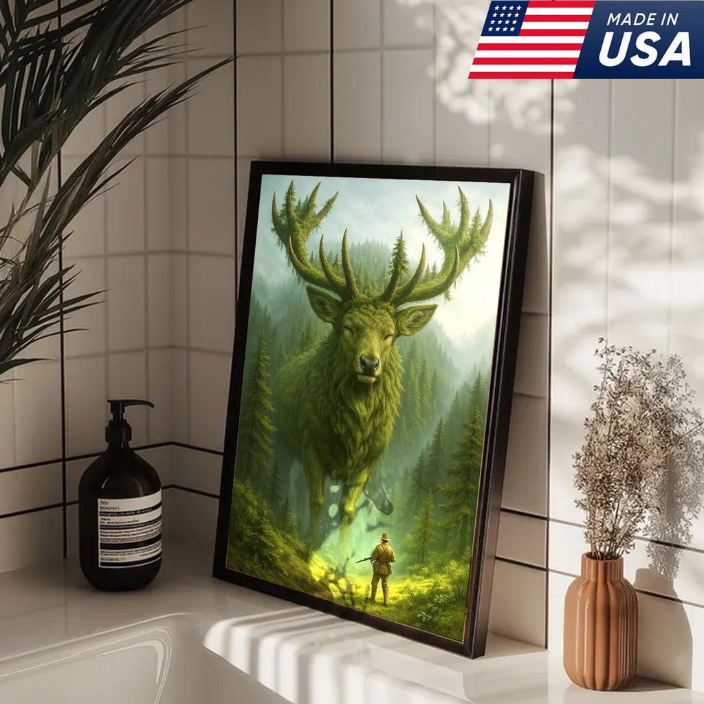Forest Spirit Deer Wall Art Canvas, Giant Moss Elk with Hunter Fantasy Landscape
