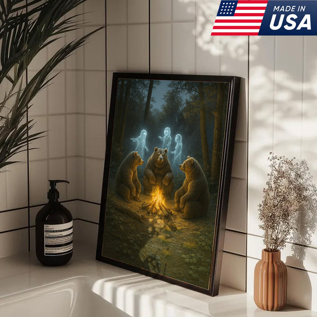 Ghost Bear Campfire Wall Art Canvas – Spooky Forest Spirit Canvas Print for Halloween Decor