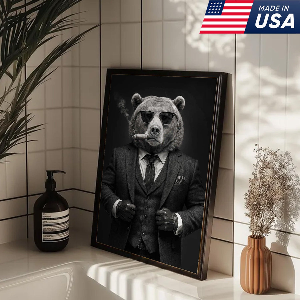 Bear in Suit Canvas Wall Art, Black and White Animal Portrait, Modern Office Decor for Men