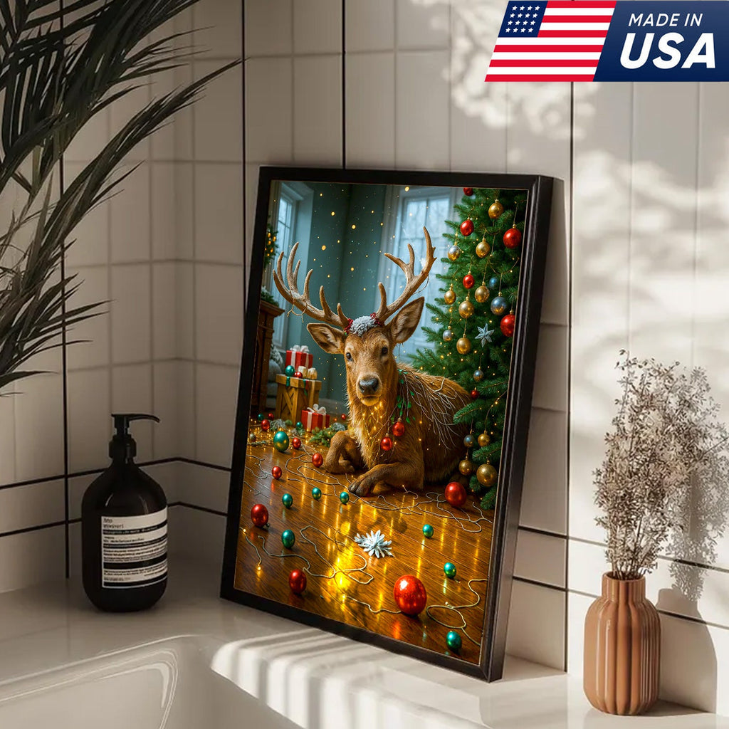 Christmas Reindeer Living Room Canvas Wall Art, Cute Deer With Christmas Tree and Ornaments