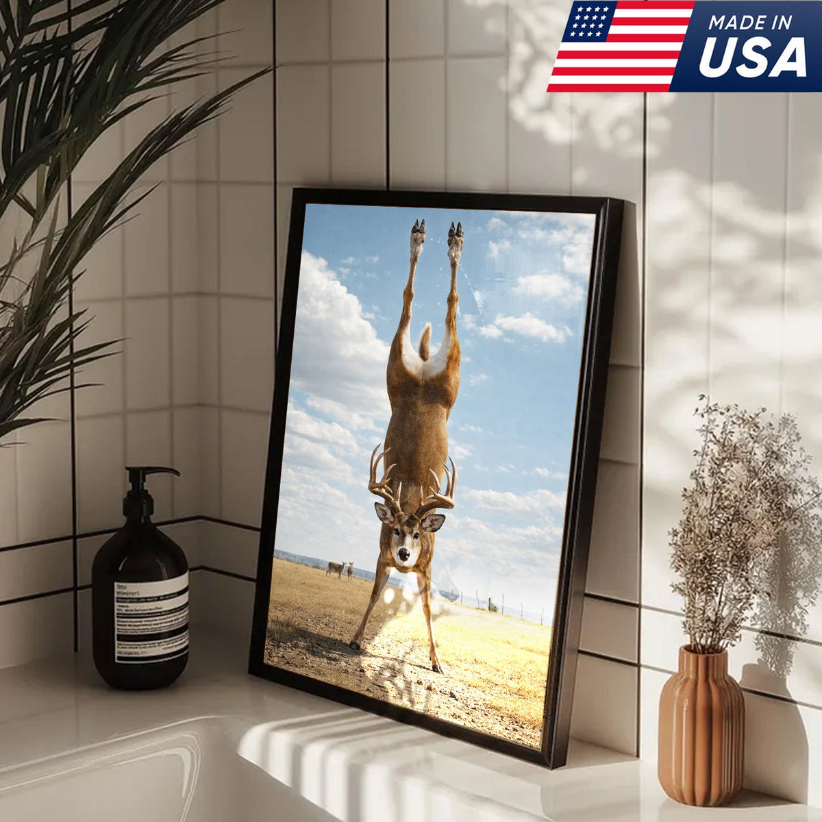Upside Down Deer Canvas Wall Art, Funny Wildlife Photography Print