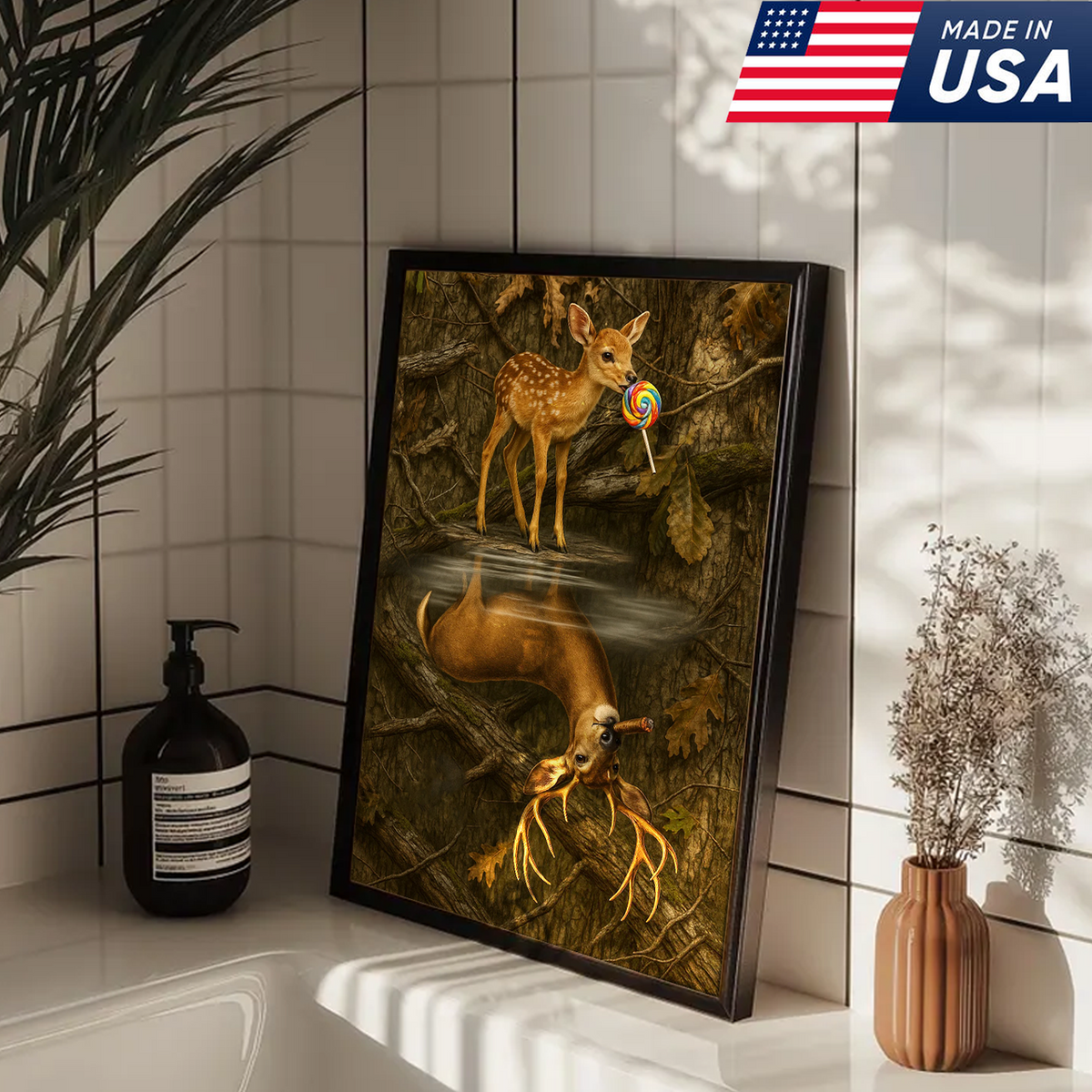 Whimsical Deer Reflection Canvas Art - Cute Fawn with Lollipop Forest Scene