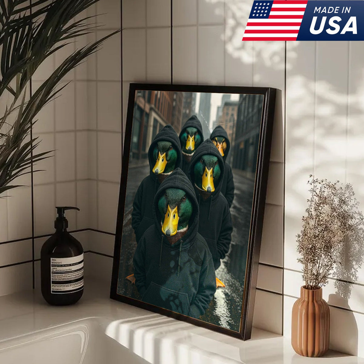 Urban Duck Gang Canvas Wall Art, Hooded Anthropomorphic Ducks Artwork