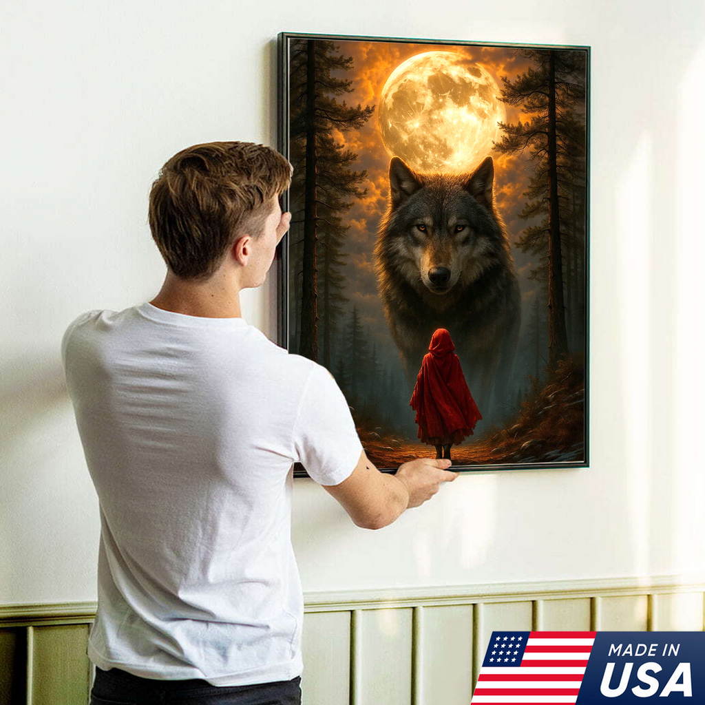 Wolf and Little Red Riding Hood Canvas Wall Art – Fantasy Moonlit Forest Scene