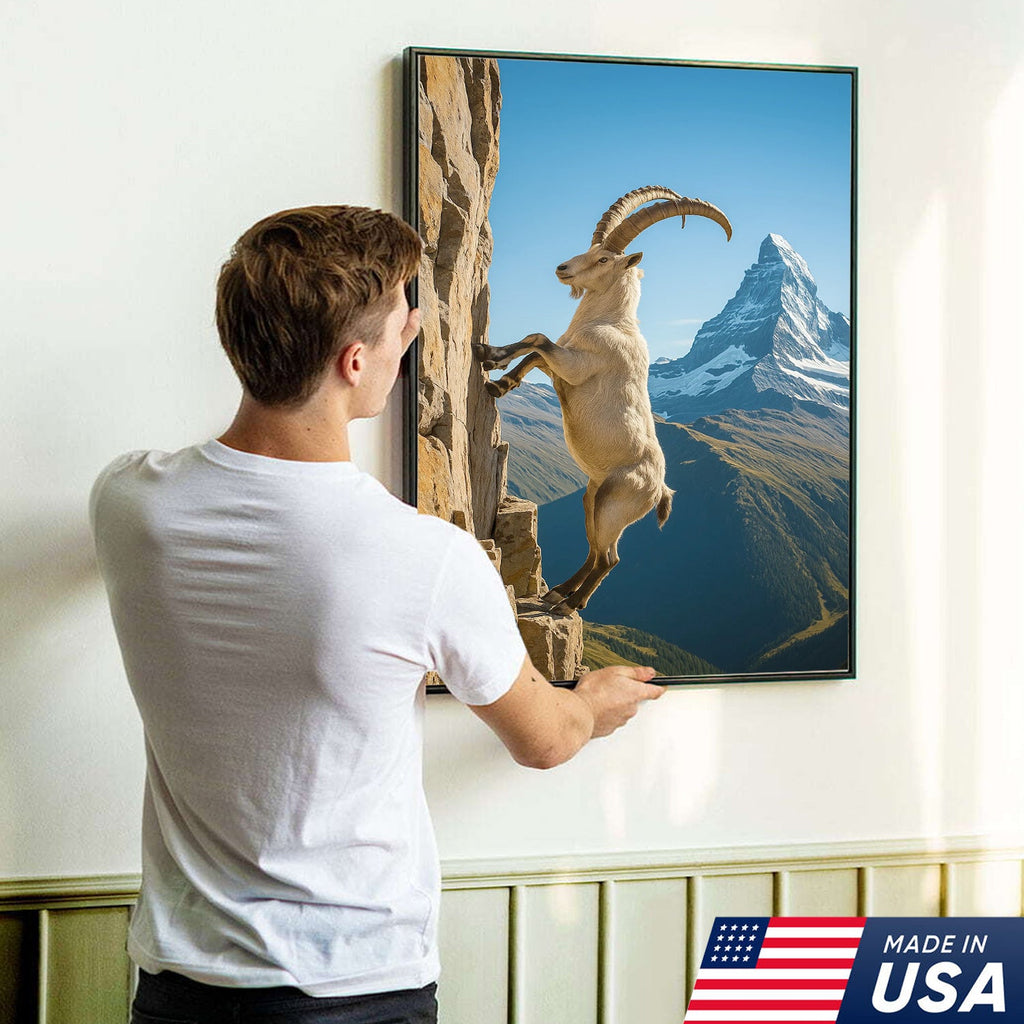 Alpine Ibex Climbing Cliff Canvas Wall Art, Matterhorn Mountain Landscape Print