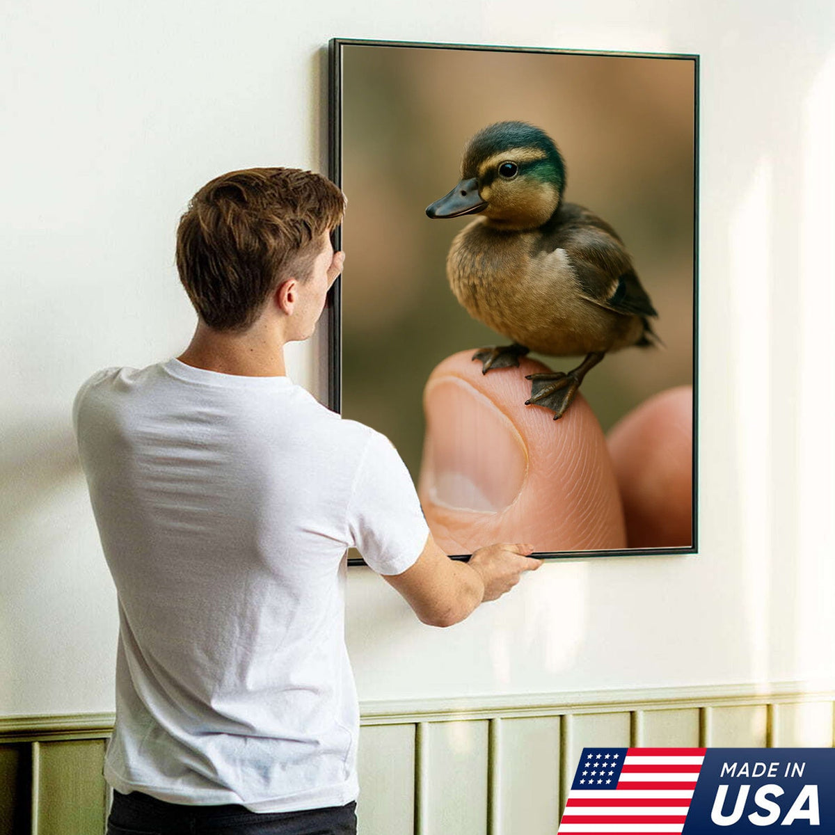 Cute Baby Duck Canvas Wall Art - Adorable Duckling Perched on Finger
