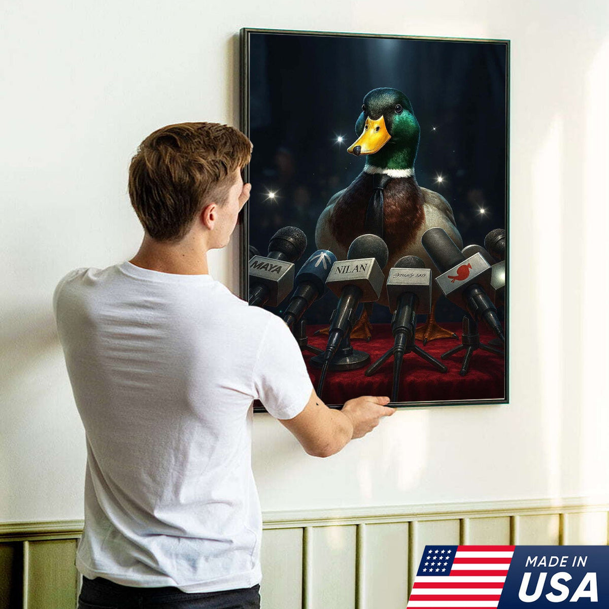 Confident Duck Press Conference Canvas Wall Art, Funny Animal Leader Humor Artwork