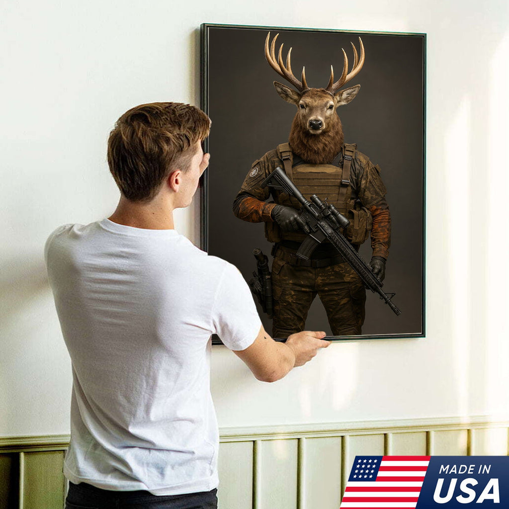 Tactical Deer Soldier Wall Art Canvas – Military Buck Canvas Print for Man Cave & Hunter Decor