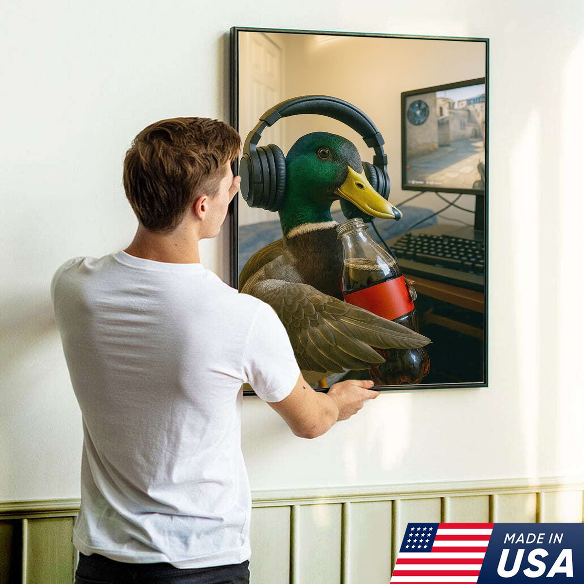 Funny Gamer Duck Canvas Wall Art, Mallard With Headphones and Soda