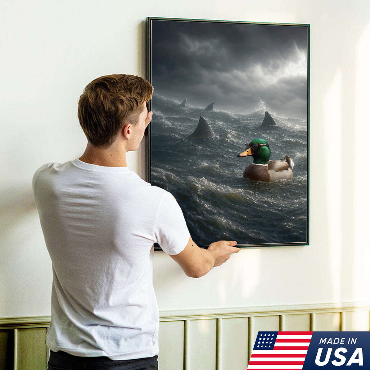 Funny Duck in Shark Infested Waters Canvas Wall Art, Cool Sunglasses Duck Ocean Storm Print
