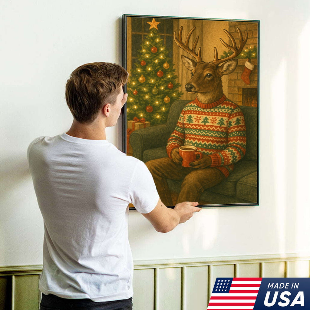 Cozy Christmas Deer Canvas Wall Art Print – Holiday Reindeer With Hot Cocoa