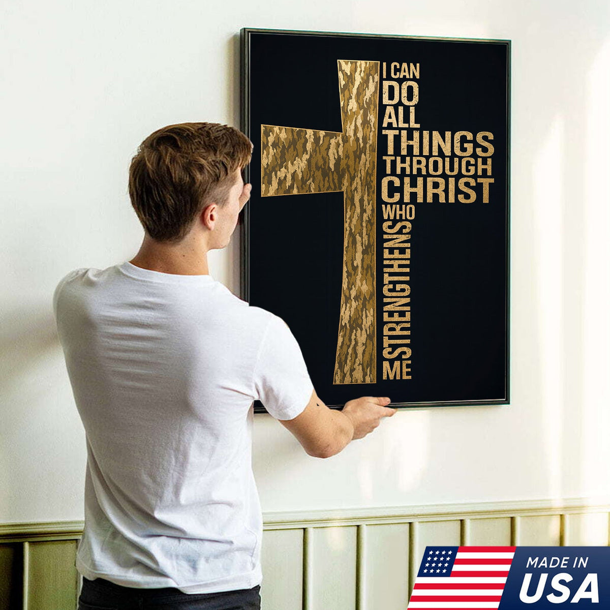 Camo Cross Christian Canvas Wall Art, Philippians 413 I Can Do All Things Through Christ Verse
