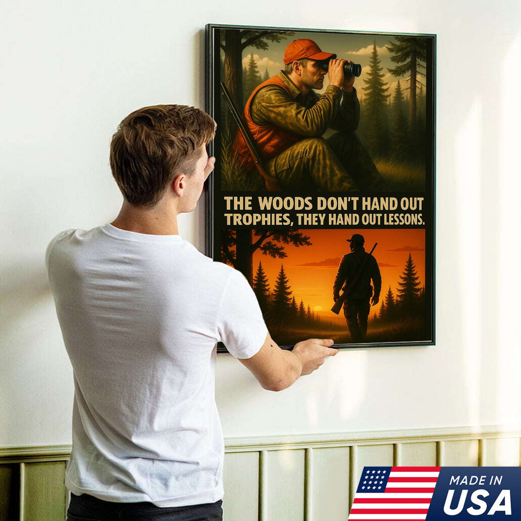 Inspirational Hunting Canvas Wall Art – Hunter in Forest with Rifle & Quote “The Woods Don’t Hand Out Trophies, They Hand Out Lessons”