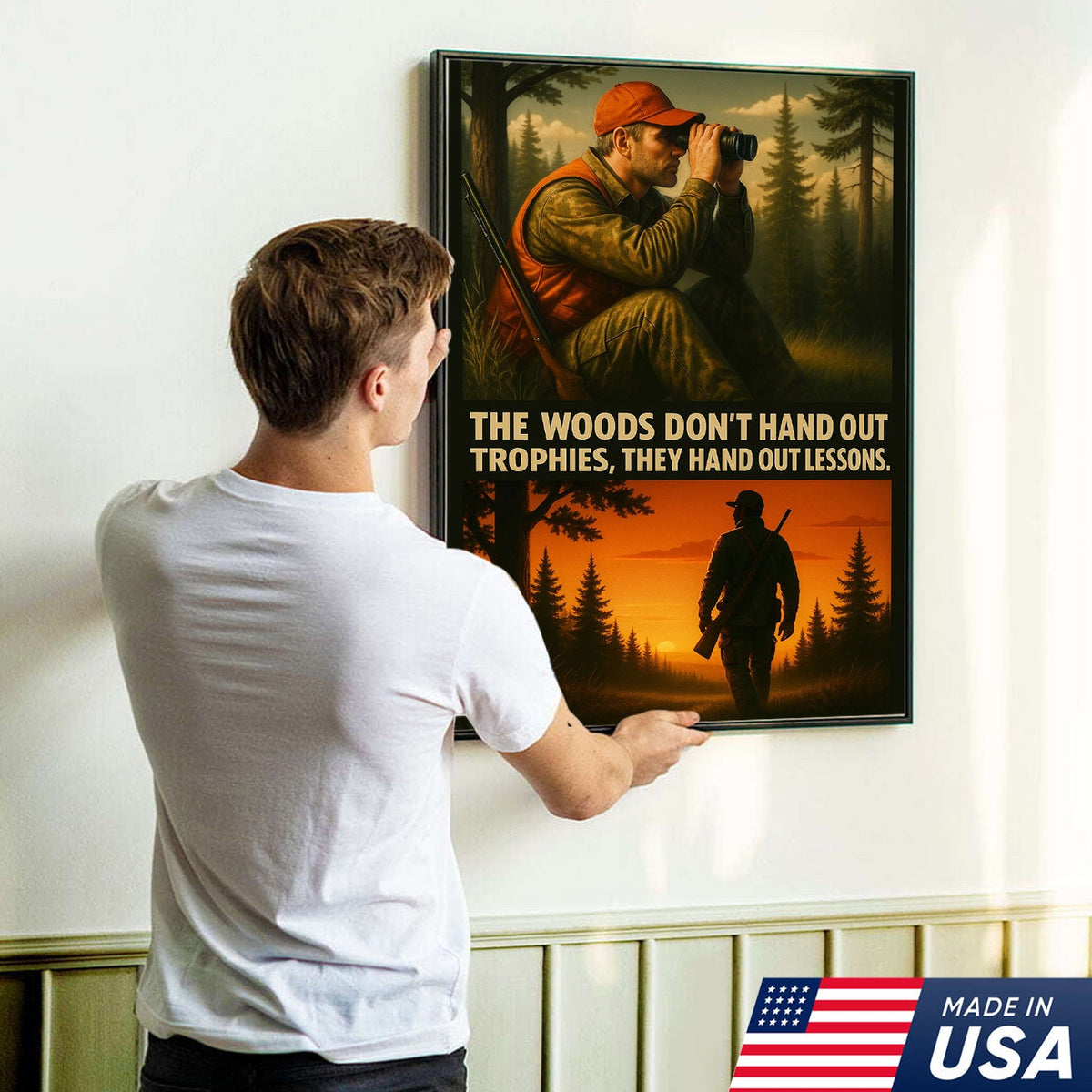Inspirational Hunting Canvas Wall Art – Hunter in Forest with Rifle & Quote “The Woods Don’t Hand Out Trophies, They Hand Out Lessons”