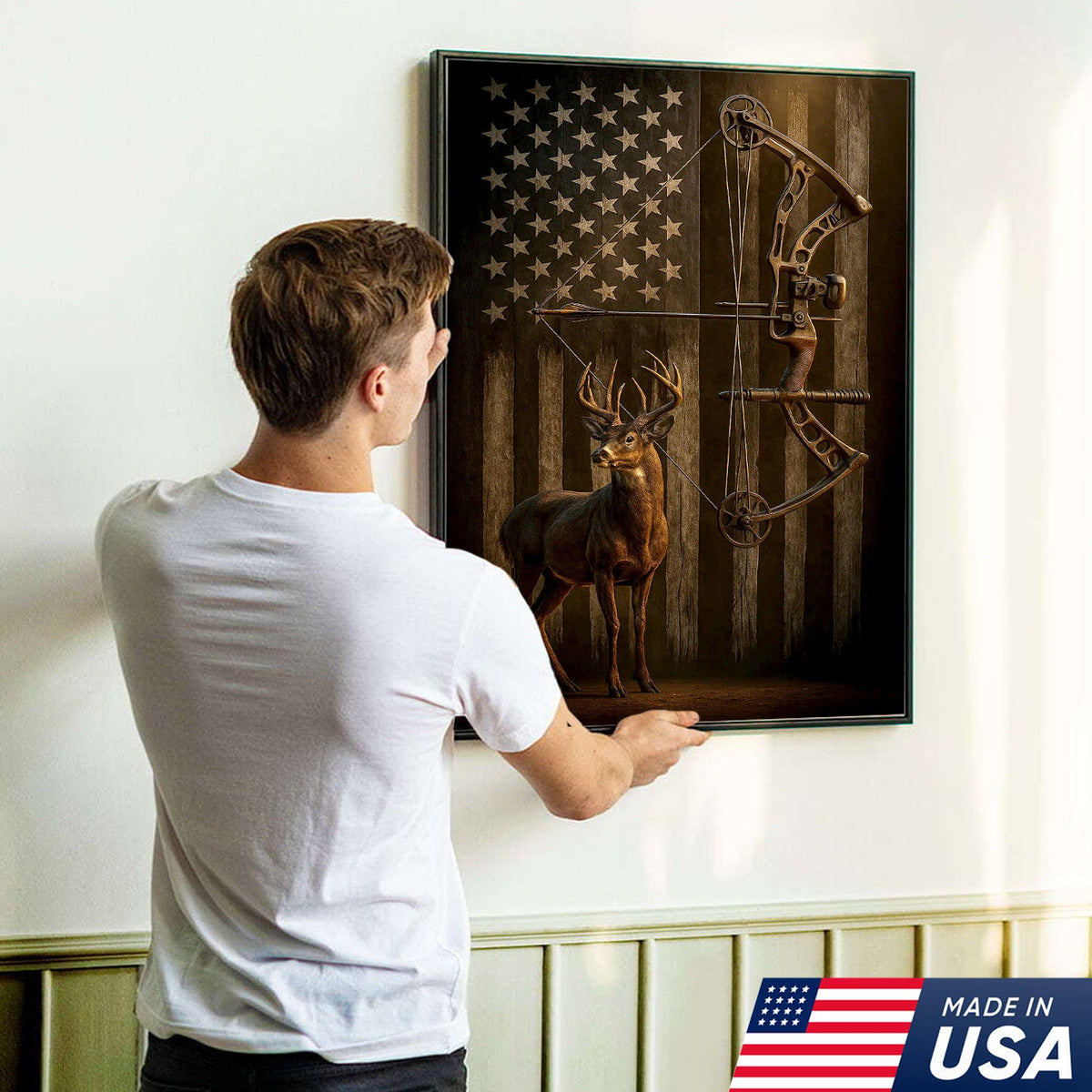 Deer and Bow American Flag Canvas Wall Art — Patriotic Hunting Decor Featuring Buck and Compound Bow