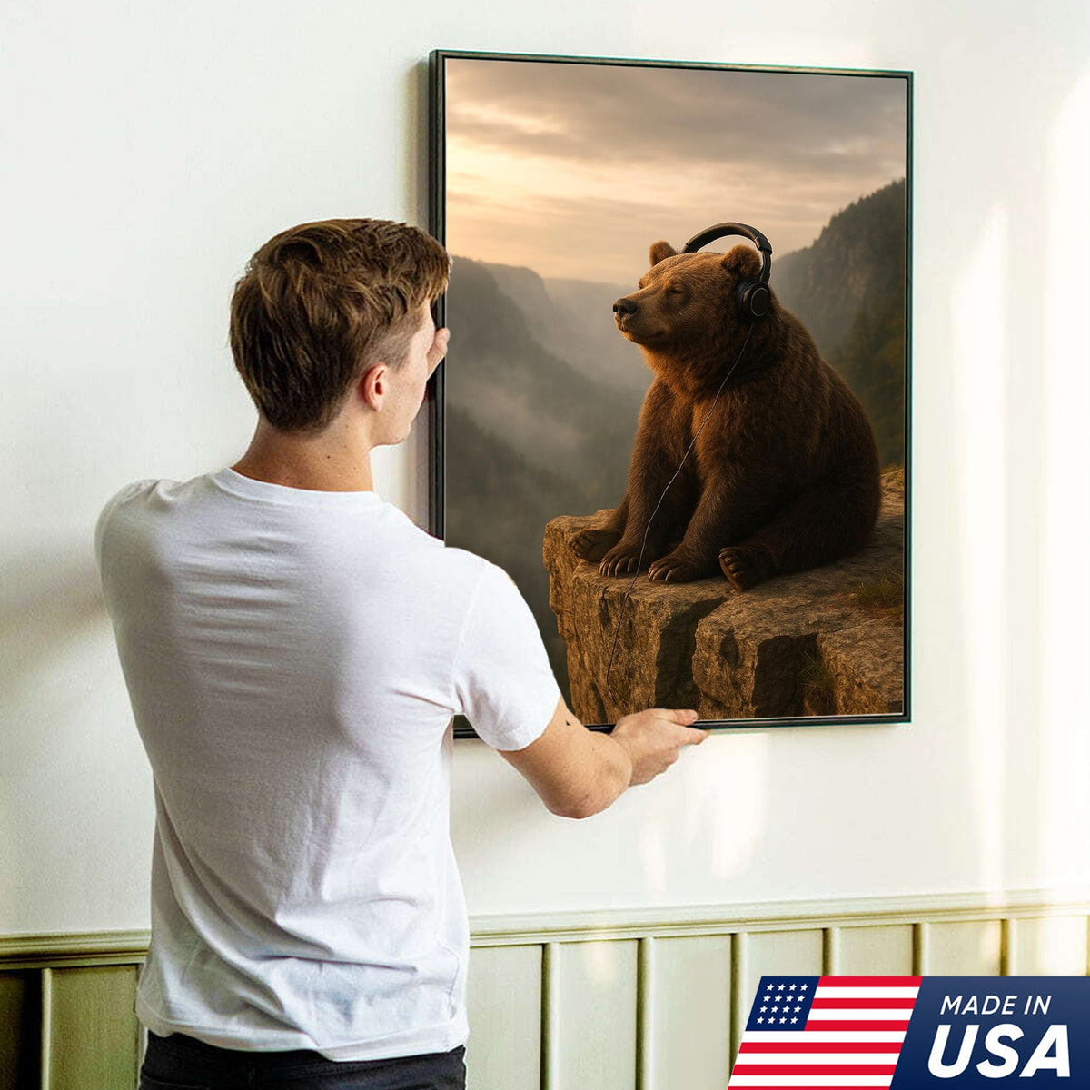 Funny Bear Wall Art, Chill Bear Canvas, Bear with Headphones Art