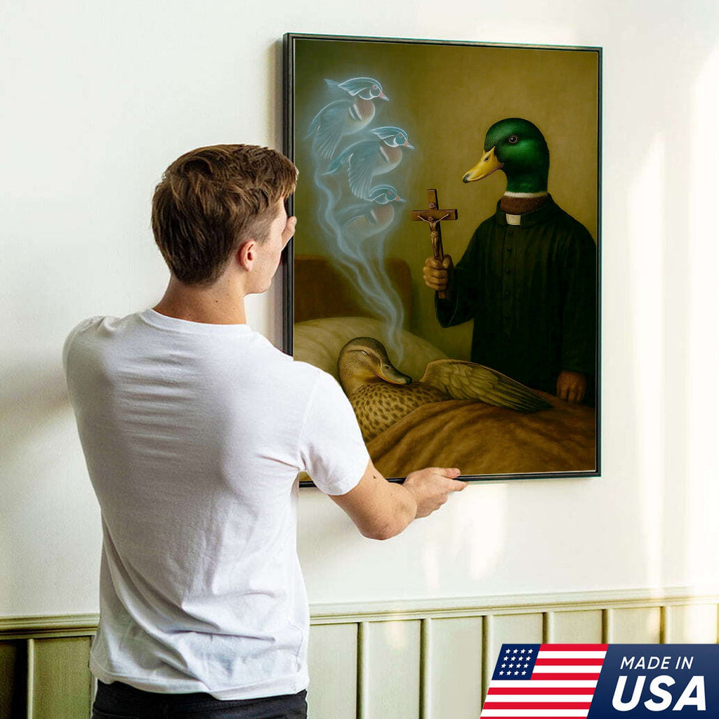 Priest Duck Canvas Wall Art, Surreal Animal Artwork, Funny Dark Humor Painting, Unique Gift for Hunters or Art Collectors