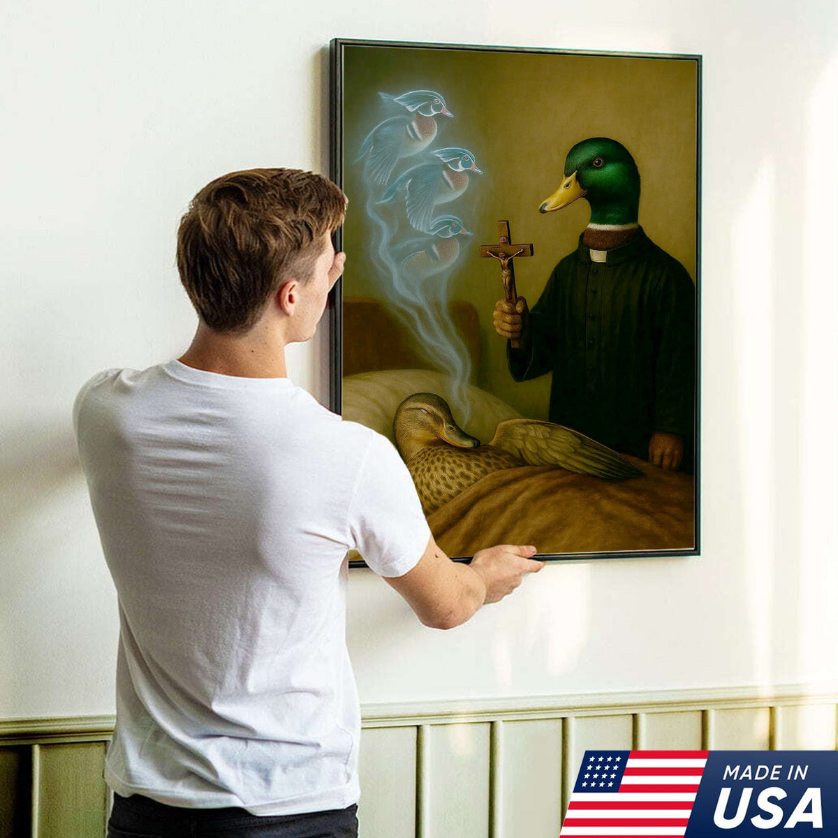 Priest Duck Canvas Wall Art, Surreal Animal Artwork, Funny Dark Humor Painting, Unique Gift for Hunters or Art Collectors