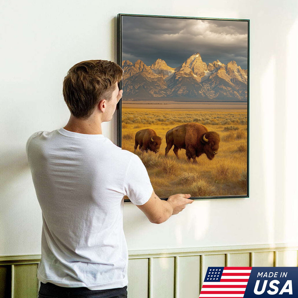 Buffalo Bison Canvas Wall Art, Grand Teton Mountain Landscape Print