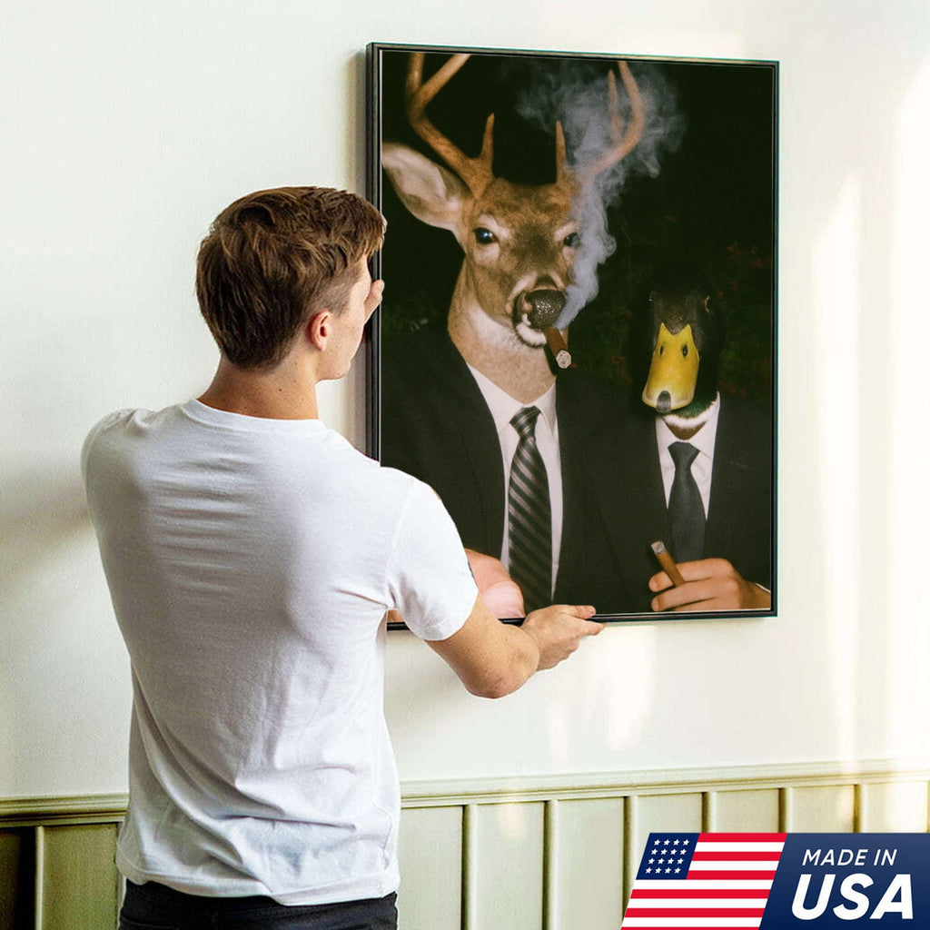 Funny Deer and Duck Canvas Wall Art - Hilarious Animal Duo in Suits