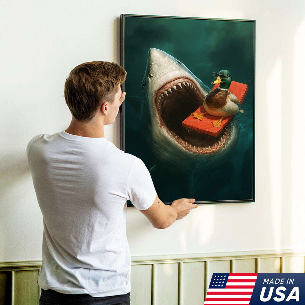 Funny Duck Shark Canvas Wall Art, Fearless Sunglasses Duck Floating Above Shark Jaws Print