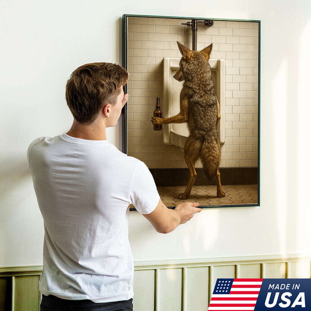Hilarious Coyote Canvas Wall Art – Funny Bathroom Humor Decor – Rustic Hunting Cabin Gag Gift