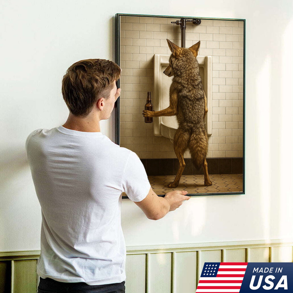 Hilarious Coyote Canvas Wall Art – Funny Bathroom Humor Decor – Rustic Hunting Cabin Gag Gift