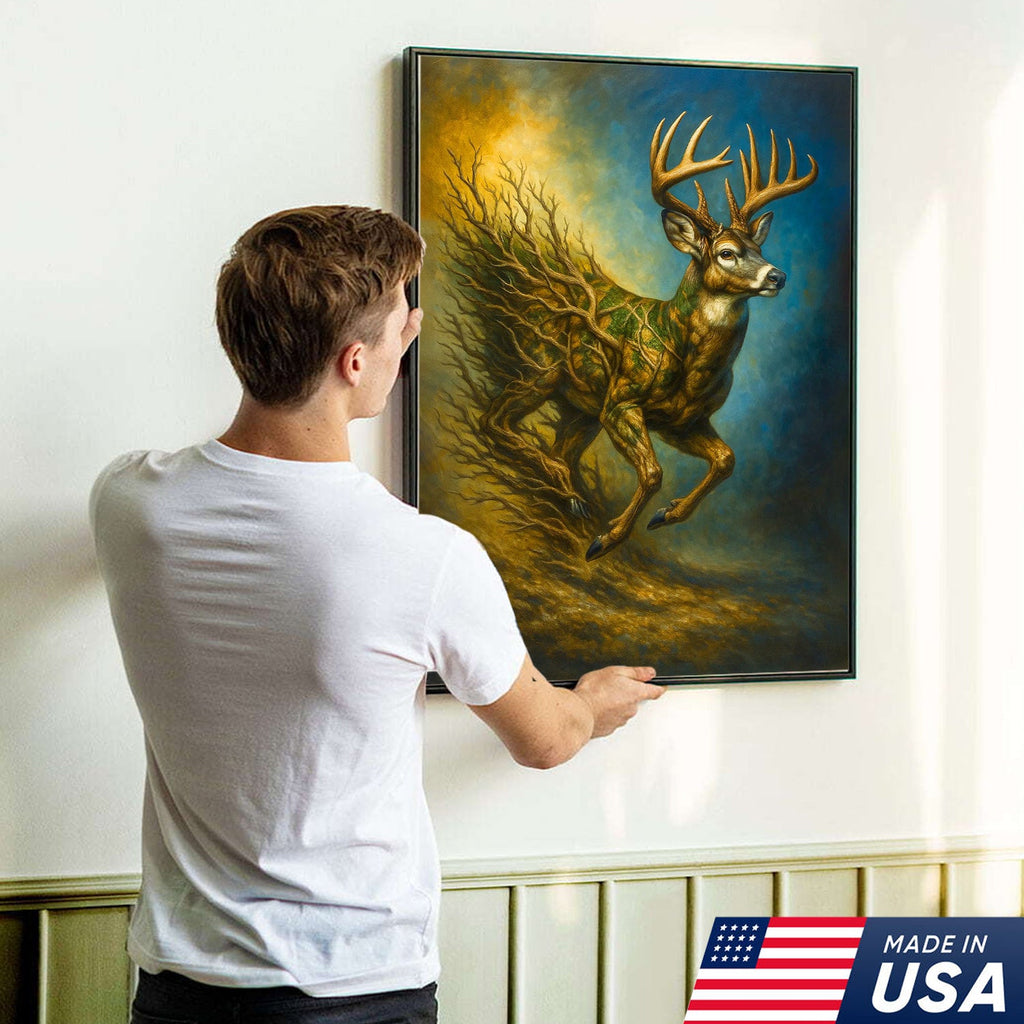 Majestic Deer Canvas Wall Art – Surreal Wildlife Nature Scene – Rustic Lodge and Cabin Decor
