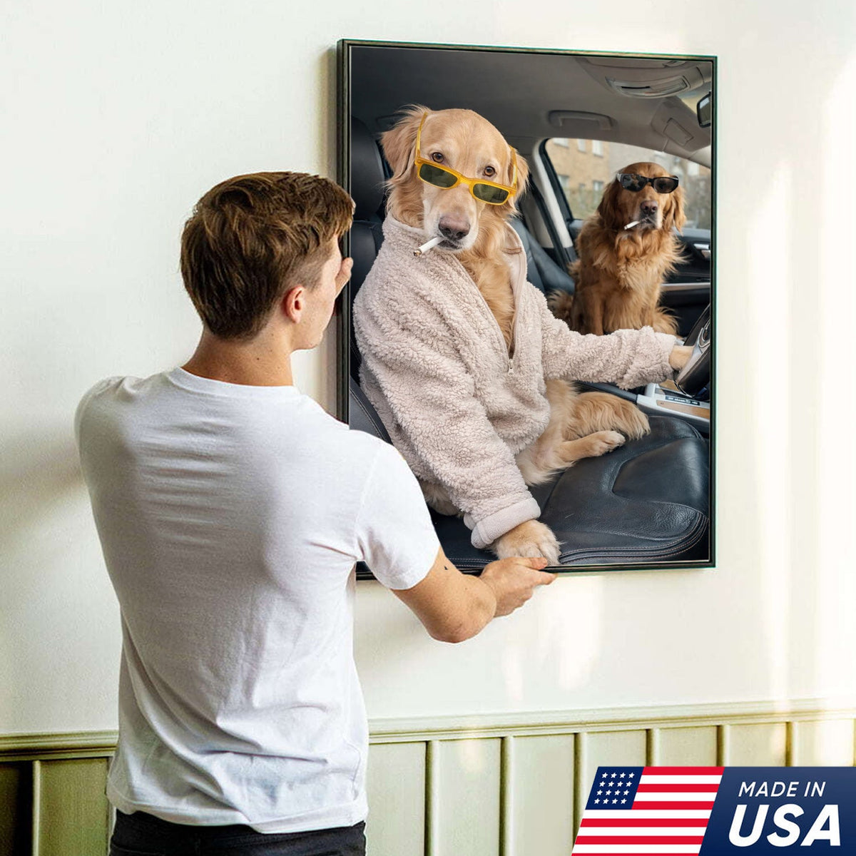 Funny Dog Driving Car Canvas Wall Art, Cool Golden Retriever Duo Portrait