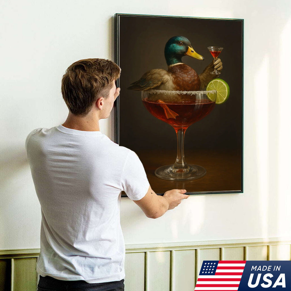 Funny Mallard Duck Canvas Wall Art - Quirky Animal in Cocktail Glass Design