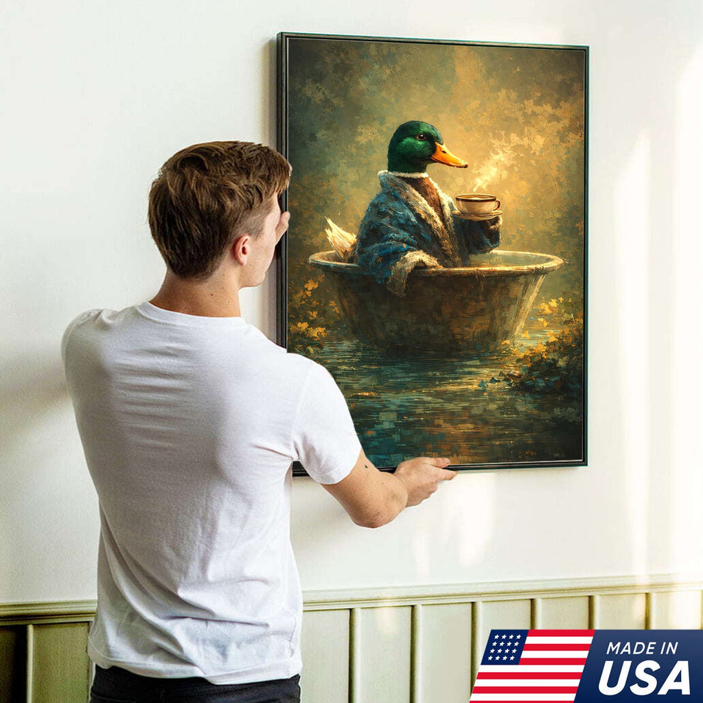 Whimsical Duck Coffee Bath Canvas Wall Art, Cozy Animal Painting